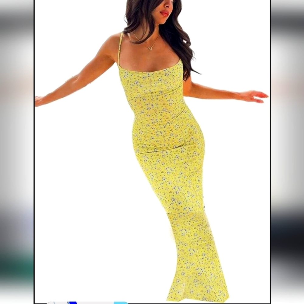 Open Back Maxi Dress Floral Fishtail Bodycon Square Neck Spaghetti Strap Mermaid